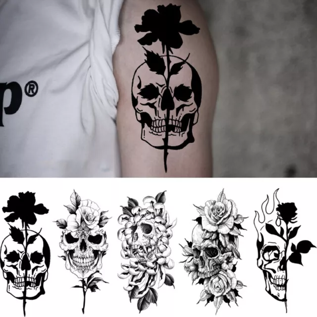 Halloween Tatouage Autocollant Temporaire Faux Crâne Rose Femme Hommes Corps A ,