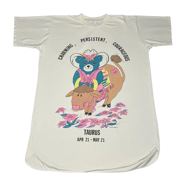 Vintage Taurus Sign Teddy Bear Night Shirt Gown Sharellee Pajamas One Size 90s