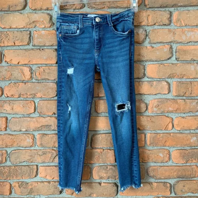ZARA Girl's Distressed Raw Hem Skinny Denim Jeans Medium Wash Blue - Size 7