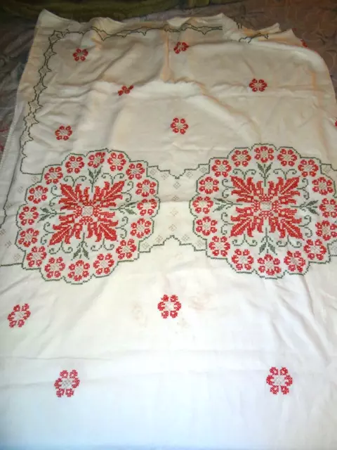 Vintage Christmas Tablecloth Hand Cross Stitch 56 x 72 Red Green Gold on White