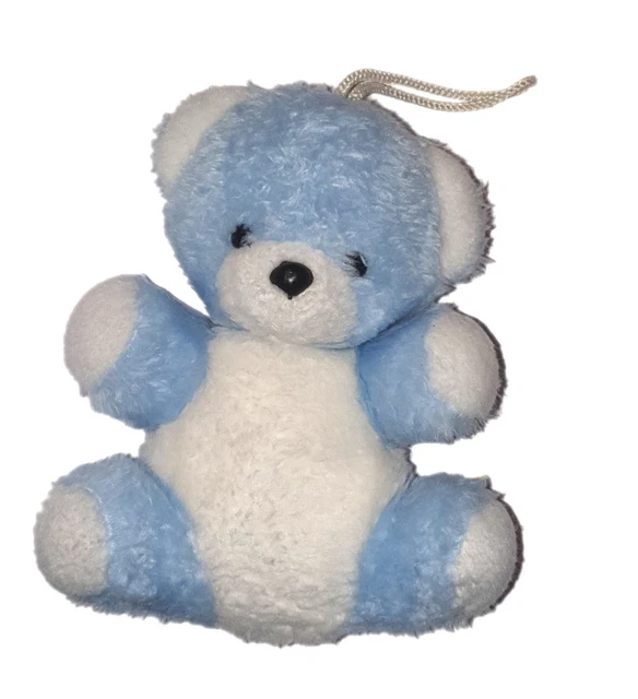 VINTAGE Ancienne Peluche doudou Ours bleu blanc 26 cm Nounours chez