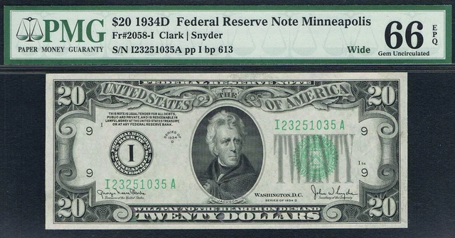 $20 1934D Minneapolis FRN. Wide. Fr. 2058-IW. PMG 66 EPQ. SUPER TOUGH NOTE.