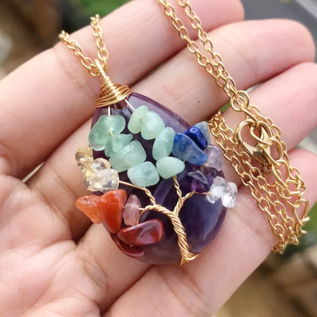 Amethyst Gem Stone Tree Of Life Water-Drop Necklace Chakra Reiki Healing Amulet