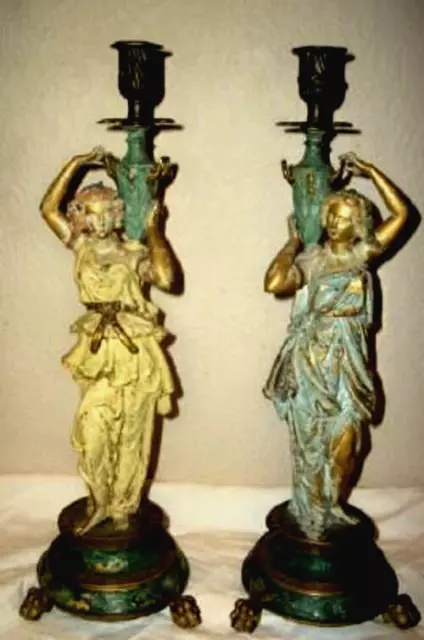 1890s ART NOUVEAU FRENCH BRONZE CANDLE HOLDERS LADIES URNS CHIPPY GILT OLD PAINT