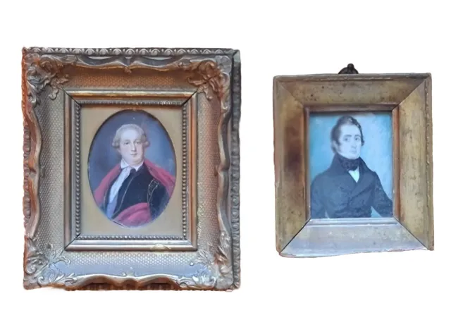 2 Antique Hand-painted Miniature Portrait Paintings Young Men Early 19th Century