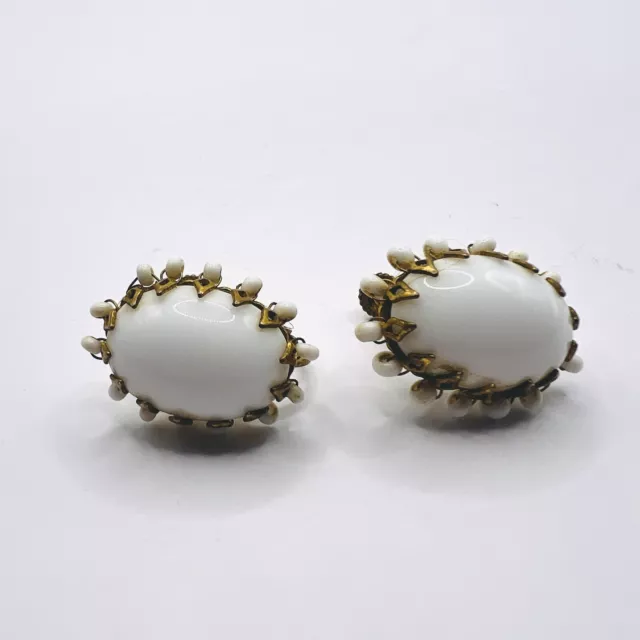 Vintage Signed Miriam Haskell White Glass Cabochon & Seed Beaded Clip Earrings