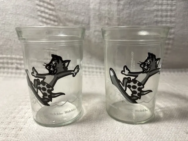 Welch's Jelly Jar Tom & Jerry Surfing 1990 Set of 2 Glass Tumblers 4" EUC *