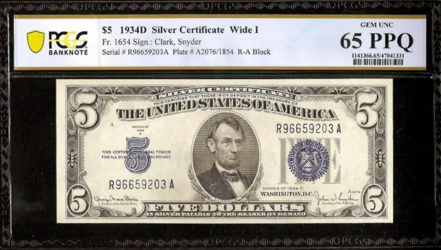 Unc 1934D $5 Bill Silver Certificate Blue Seal Note Money Pcgs 65 Ppq Gem