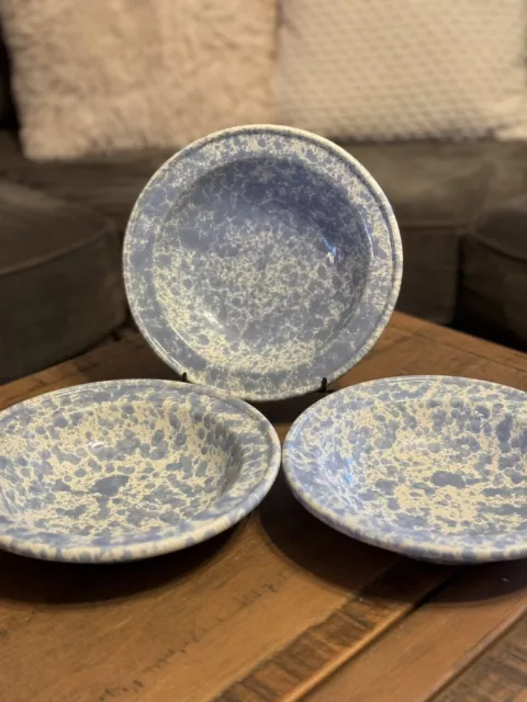 3 Bennington Potters Morning Glory Blue Agate 8.5" Rimmed Soup Bowls Art Pottery