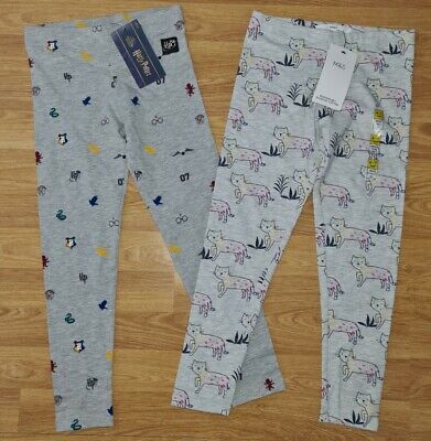 M&S 2 pairs GIRLS leggings GREY age 6-7 HARRY POTTER/CATS Marks & Spencer BNWT