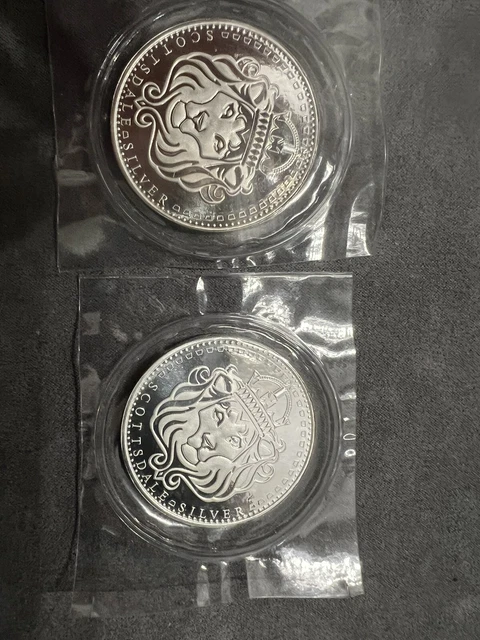 2 - Scottsdale Silver Rounds, 1 Oz Each 99.9 Pure Silver. Sealed Individual. 2 - Scottsdale Silver Rounds, 1 Oz Each 99.9 Pure Silver. Sealed Individual.