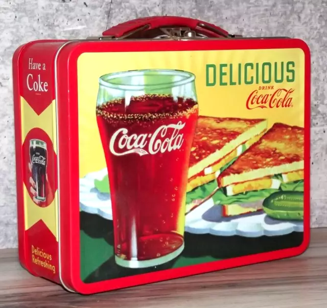 2008 Red Coca Cola Delicious Tin Lunch Box Rectangle 8in x 3in x 6in