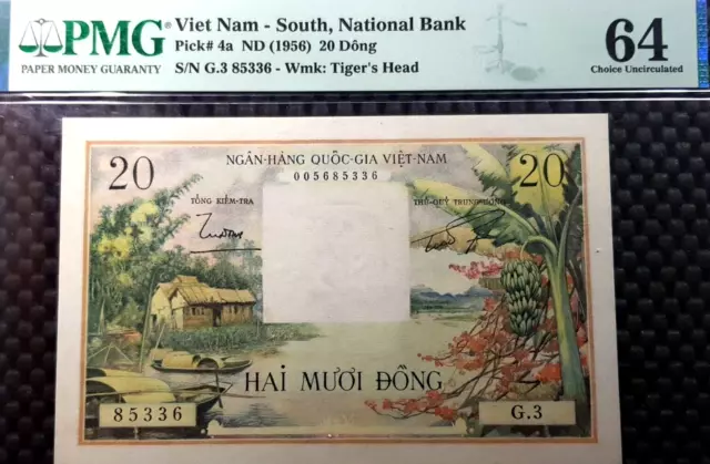 PMG 64 UNC 1956 Vietnam State Bank 20 Dong banknote (+FREE1 B/note) #22925