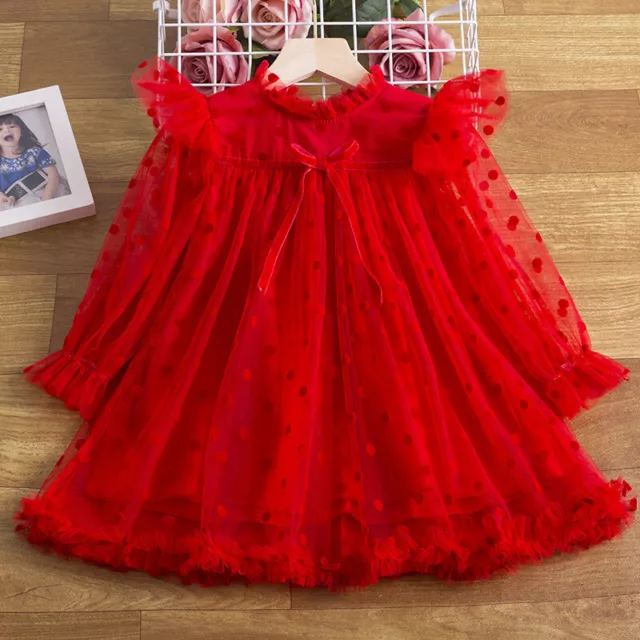 Enfant Fille Maille Tulle Robes Nœud Ruche Long Évasé Manche Princesse Fairy