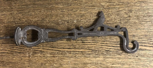 Antique Ornate Iron Bird Cage Hook With Parrot, 8 1/2” Long