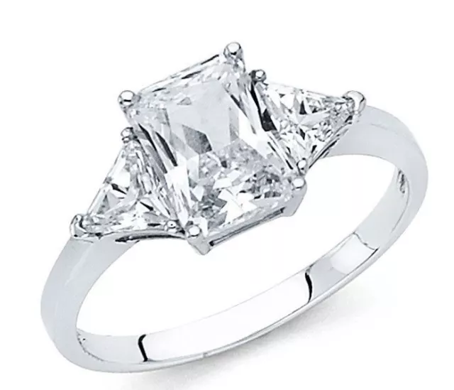 14k Solid White Gold Engagement Ring 2.5 Ct Diamond 3 Three Stone Emerald-Cut