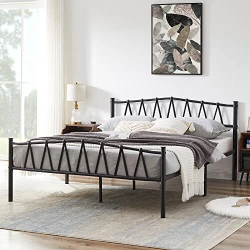 SIZE BED FRAME with M Shape Headboard/Footboard/Mattress Queen Black £