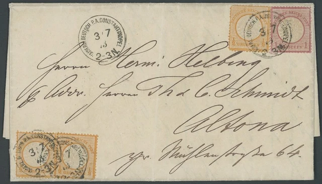 DP TÜRKEI V 18,19 BRIEF, 1873, 1/2 Gr. orange (3x) 1 Gr. karmin auf Brief von CO