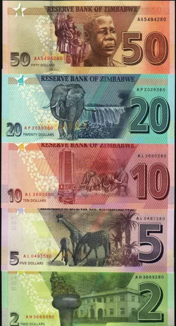 Zimbabwe 2 + 5 + 10 + 20 + 50 Dollars 2019 - 2020 Set of 5 Banknotes 5 PCS UNC