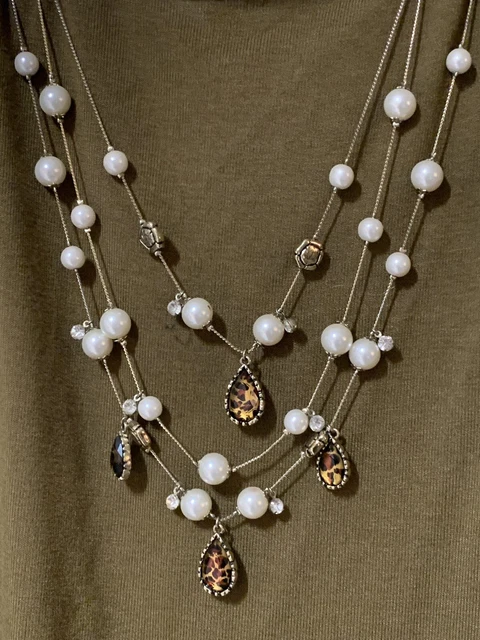 BETSEY JOHNSON Pearl Rhinestone Faux Leopard Charm 3 Strand Goldtone Necklace
