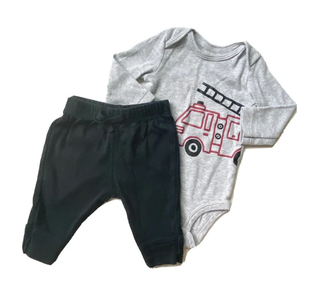 Carters 3M Baby Boy 2 Piece Set Pants Bodysuit Gray Black Firetruck Long Sleeve