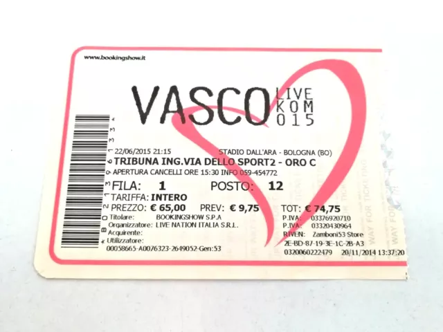 Biglietto Concerto Vasco Rossi Anno 2015 Stadio Dall'Ara Bologna da collezione