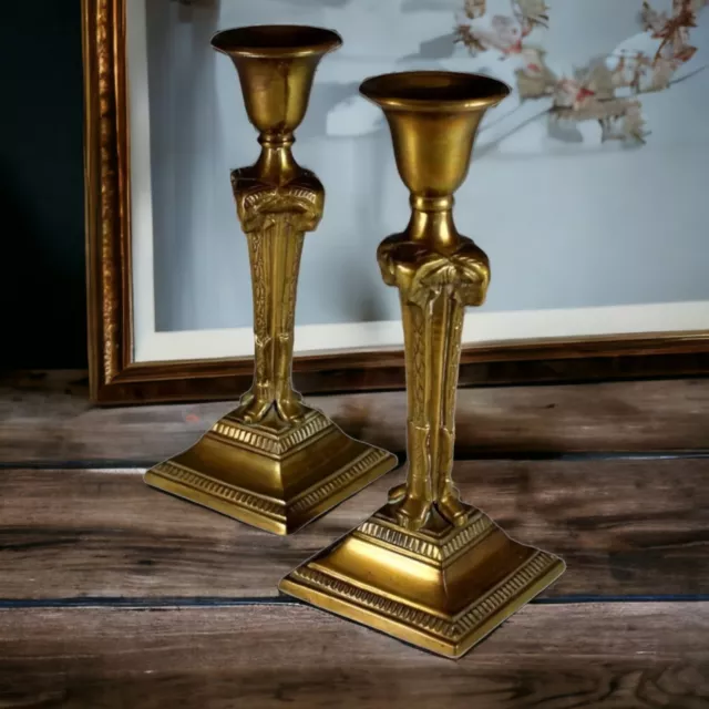 Mid-Century Hollywood Regency Brass Ram's Head Candlestick Holders Set of Two