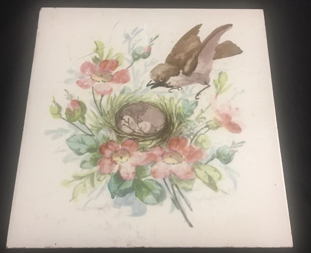 ° Rare 1900 Longwy Lovely  Bird in Nest with eggs Art Nouveau Tile handpainted 2