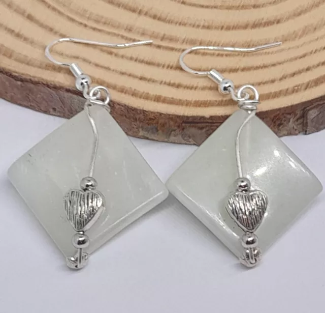 Pale Green Onyx square beads Dangle Earrings In 925 Sterling Silver hooks