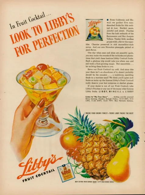 1944 Canned Fruit Libbys Cocktail 1940s Vintage Print Ad Pineapple Pear Peach