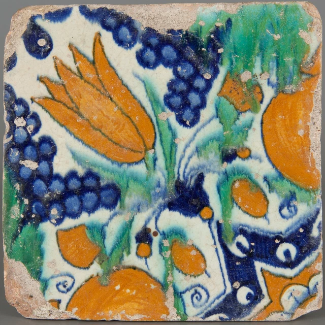 Nice Dutch Delft polychrome ornament tile, early 17th. century.