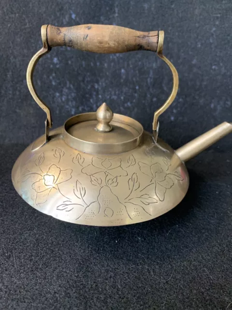 Vtg Chinese Hand Engraved Etched Floral Design Brass Teapot with Wooden Handle