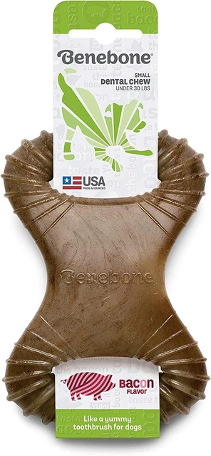Juguete de masticar dental duradero Benebone para masticadores agresivos, tocino, paquete pequeño de 2