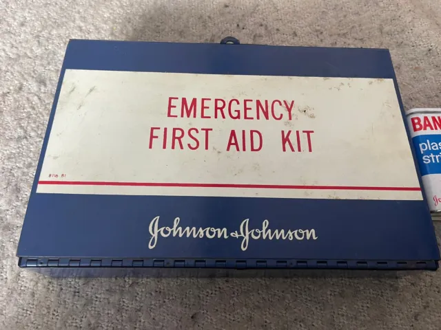 Vintage Wall Mount Johnson and Johnson First Aid Emergency Kit Blue Metal Box