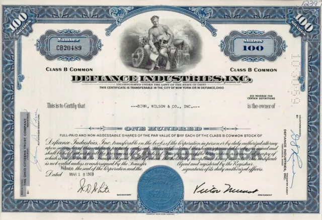 Defiance Industries Inc., Ohio, 1969 (100 Shares)