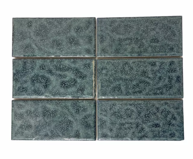 Vintage Romany Rustic Tile 4" x 8" Textured Blue Glazed Terra Cotta Set of 6