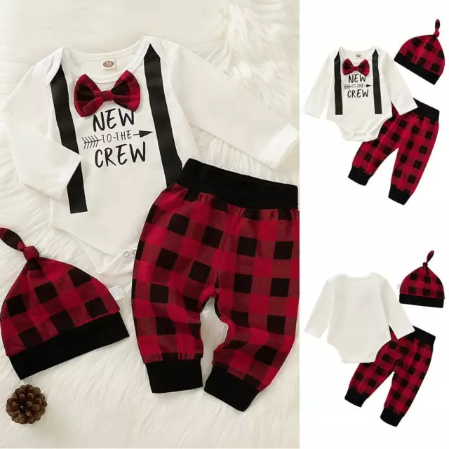 3Pcs Newborn Baby Boys Romper Tops Pants Hat Kids Clothes Sets Gentleman Outfits 3