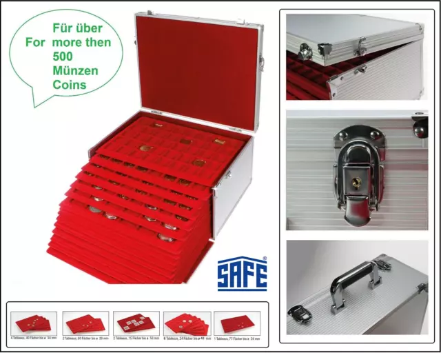 SAFE-273 ALU-Münzkoffer-GIGANT 15-Tableaus-Mixed bis 50 mm Für über 500 Münzen