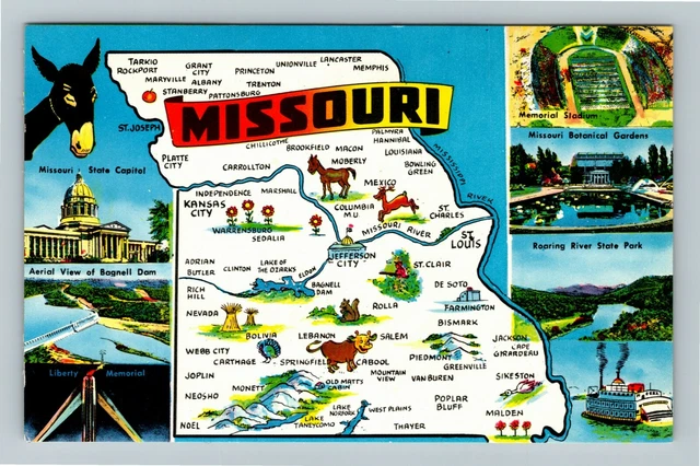 MO- Missouri, Aerial View Map, Landmarks, Vintage Postcard
