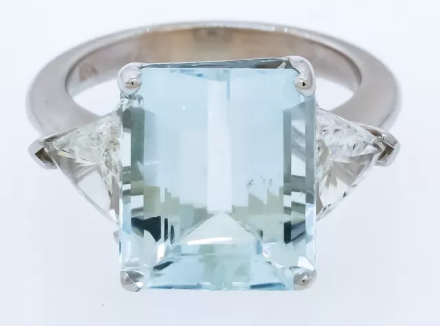 18k White Gold 9.16ct Diamond + Aquamarine Cocktail Ring Size 6.5