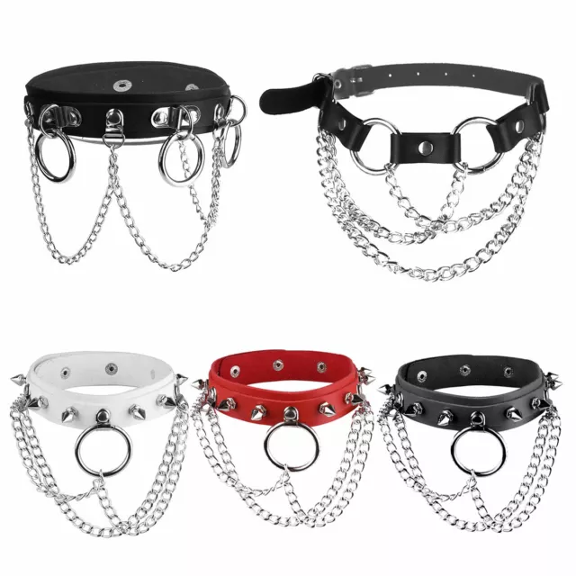 Unisex Punk Gothic PU Leather Choker Necklace Metal O-Ring Chains Collar Jewelry