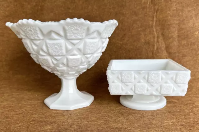 Vintage Westmoreland White Milk Glass Old Quilt Pattern Pedestal Compote Bowl