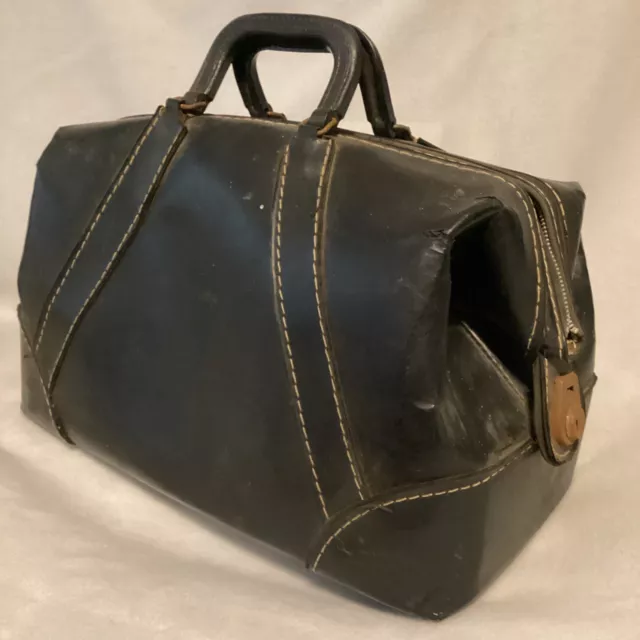 Antique Early 1900’s Black Leather Zip-Up Lock Doctor’s Medical Bag 18x10x10”