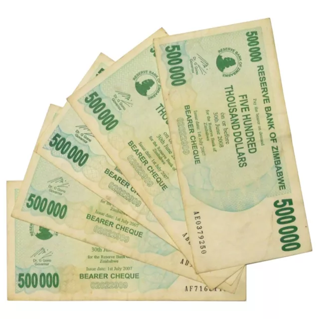 5 Pieces Set Zimbabwe 500000 Dollar Banknotes / Bearer's Cheque Very Fine