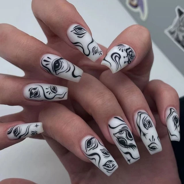 Cover Press on Nails Francese Linea Nera Occhi Ballerina Unghie Finte Lunghe Francese