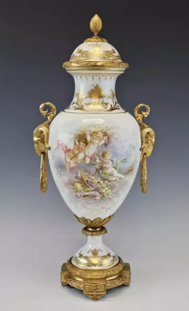 Large 19C French Sevres H/P Porcelain Gilt Bronze Vase Cherubs