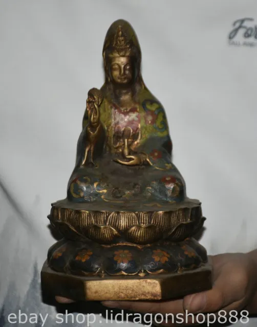 8.6" Old Chinese Cloisonne Copper Buddhism Guan Yin Goddess Statue Paintings