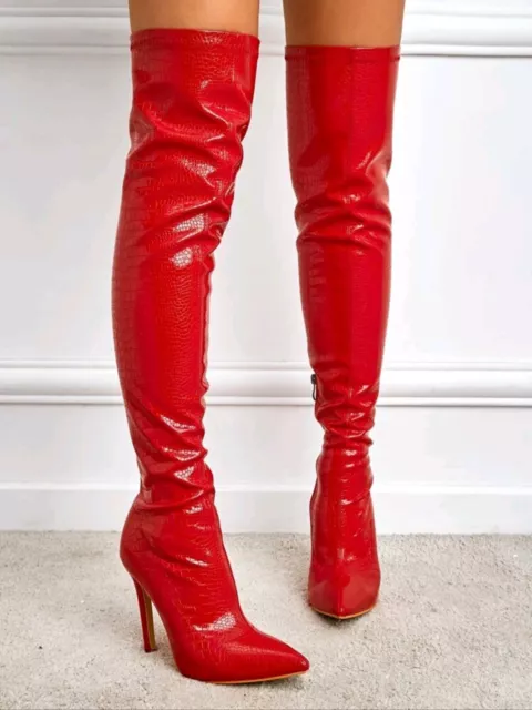 Women's Red PU Leather High Heel  Over The Knee Boots US Size 7.5