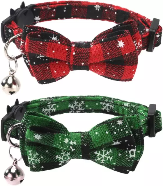 2 Pack/Set Christmas Cat Collar Breakaway with Cute Bow Tie and Bell for Kitty A