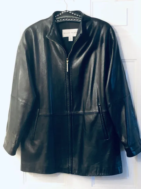 Ellen Tracy Sz M Women's Black Leather Zip Jacket Pockets Full Lining